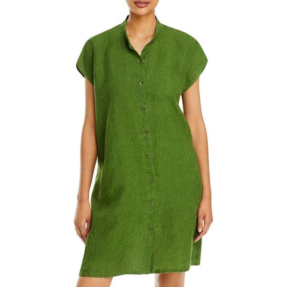 Eileen Fisher Cap Sleeve Green Organic Linen Shirt Dress Boxy Mini